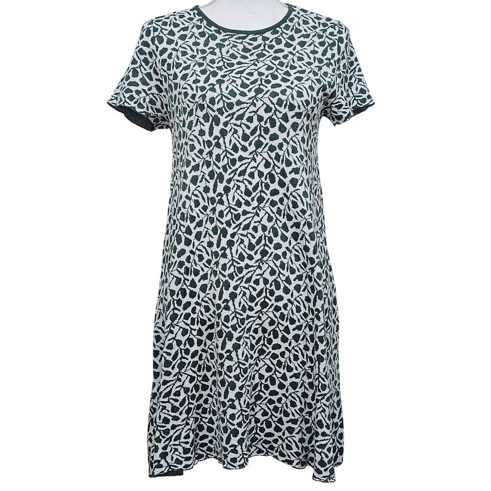 Ann Taylor Sweater Dress Medium Green White Leaf Print Knit Shift Dress